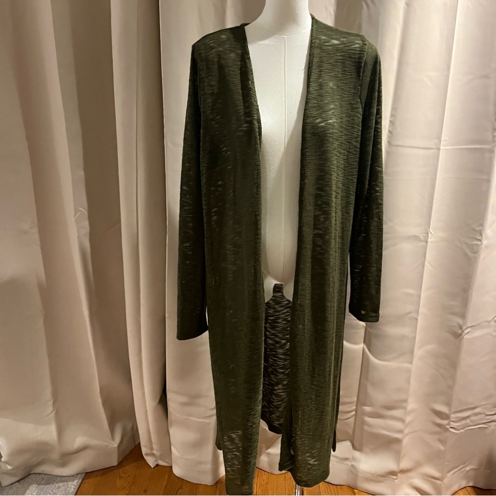 Olive Green Open-Front Long Cardigan Sweater